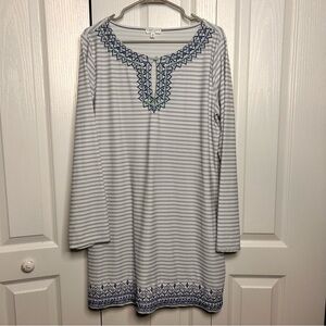 Cabana Life Blue Stripe UPF 50+ Embroidered Long Sleeve Shift Dress XL Stretch